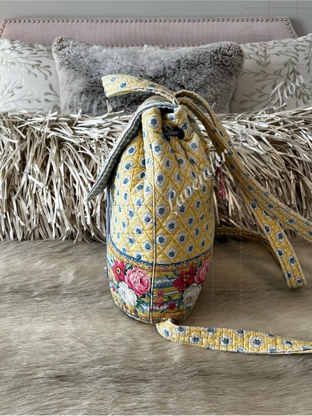 Vintage VERA BRADLEY Elizabeth 1997 Flap Drawstring Backpack Yellow Blue Indiana - Picture 9 of 16